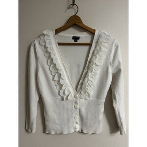 Nine West Women Ivory Cardigan V-neck ribbed waist Y2k Ruffles Small